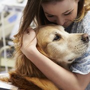 Therapy dog comforting a woman at the hospital 